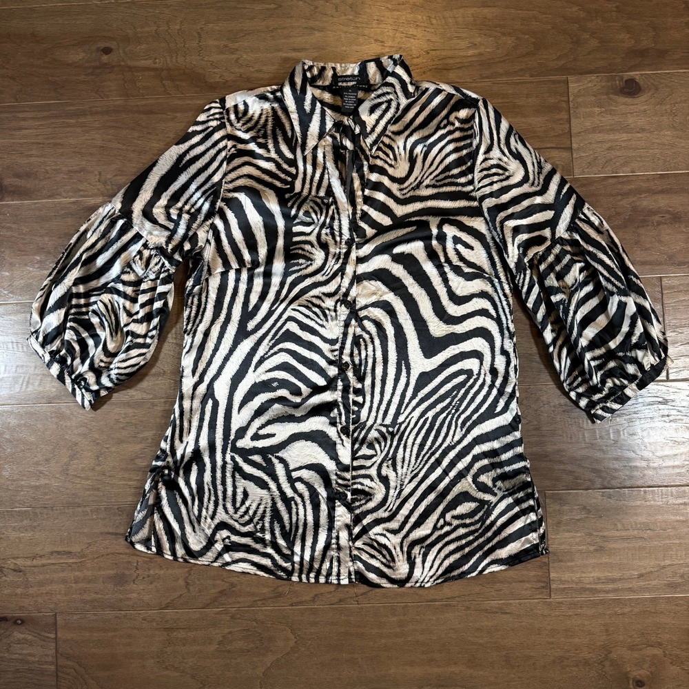 Antilia Femme Zebra Print Stretch Satin Balloon Sleeve Blouse Womens‎ 1X Black